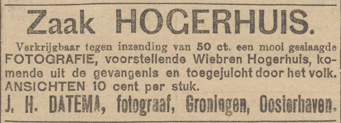 advertentie van J.H. Datema in de Leeuwarder Courant van 4 okt. 1905